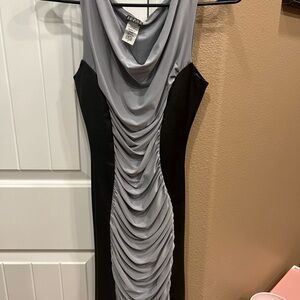 Joyce Leslie Gray and Black Ruched Midi Dress